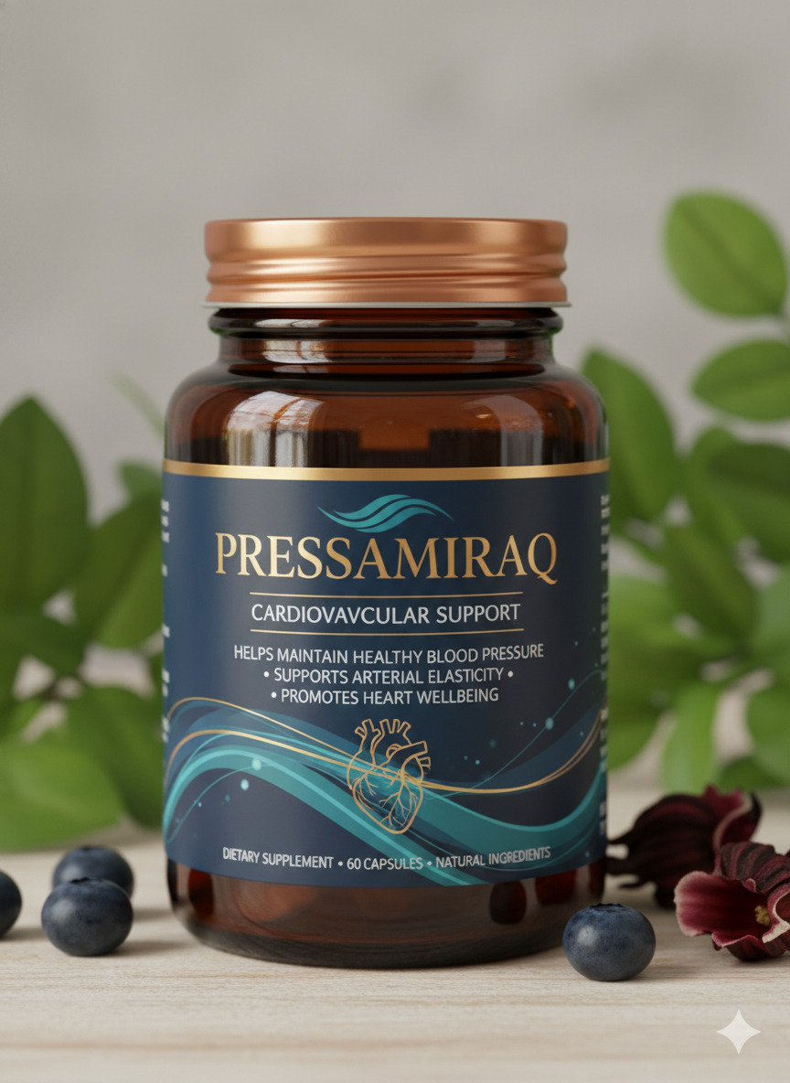 Pressamiraq dietary supplement bottle with plant-based botanical formula packaging